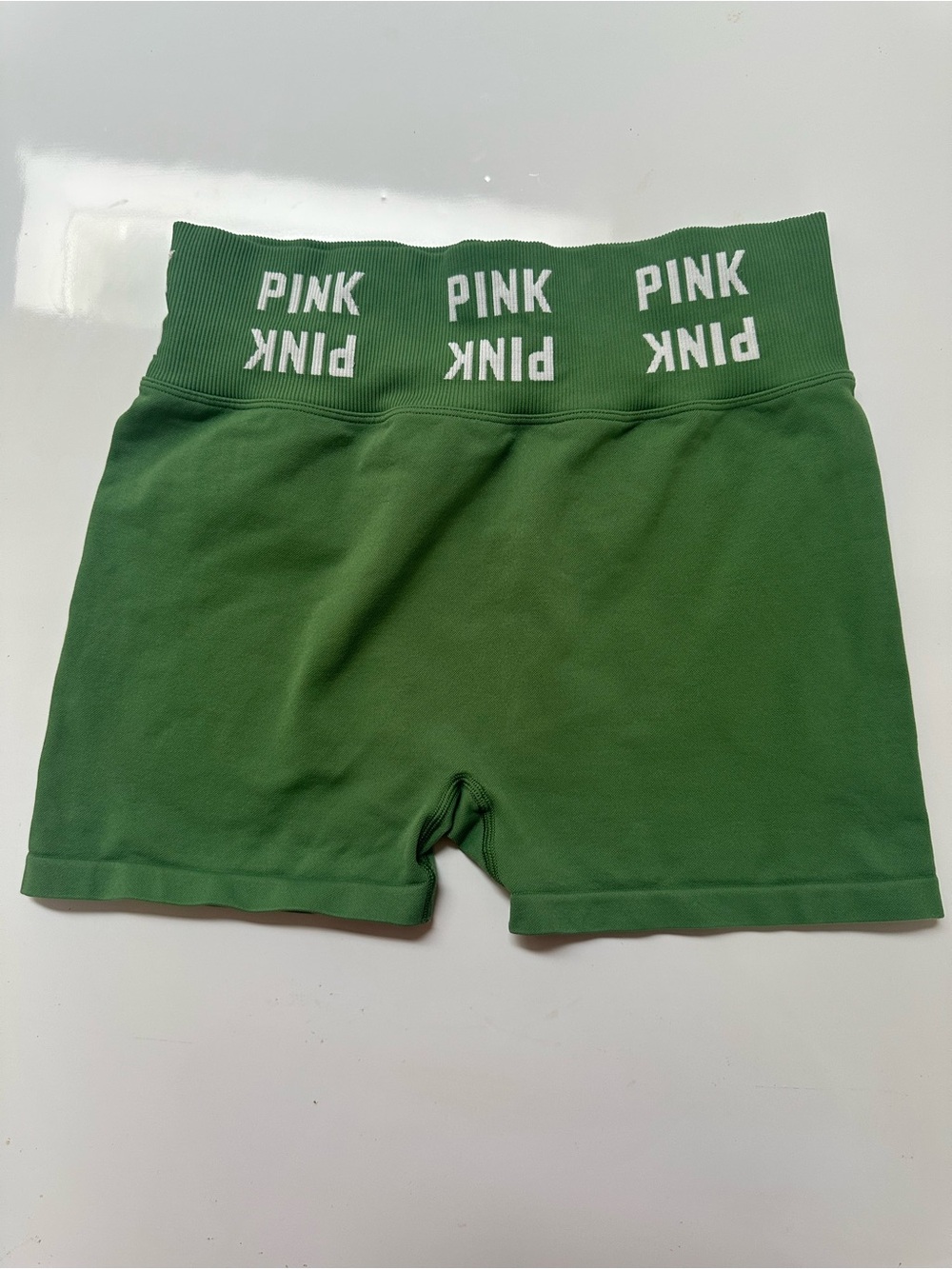 PINK Active Biker Shorts Womenβs L Green Logo Waistband Athletic